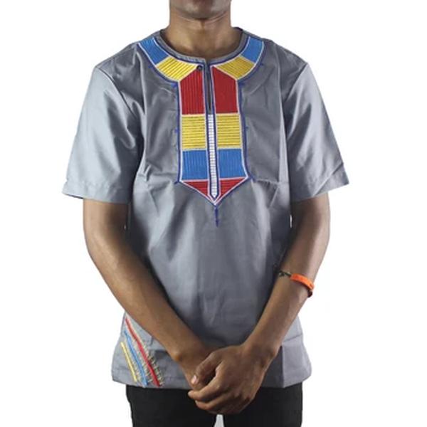 T-shirt africana dashiki para mulheres, roupa tradicional, gola redonda, manga curta, streetwear, estilo étnico, cinza, verão, 2024