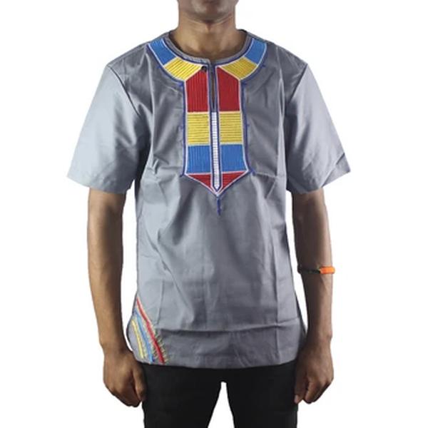 T-shirt africana dashiki para mulheres, roupa tradicional, gola redonda, manga curta, streetwear, estilo étnico, cinza, verão, 2024