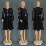 Vestidos femininos elegantes de manga comprida, vestidos de festa africanos, renda gola v, vestido poliéster midi, roupa de verão, roupas africanas