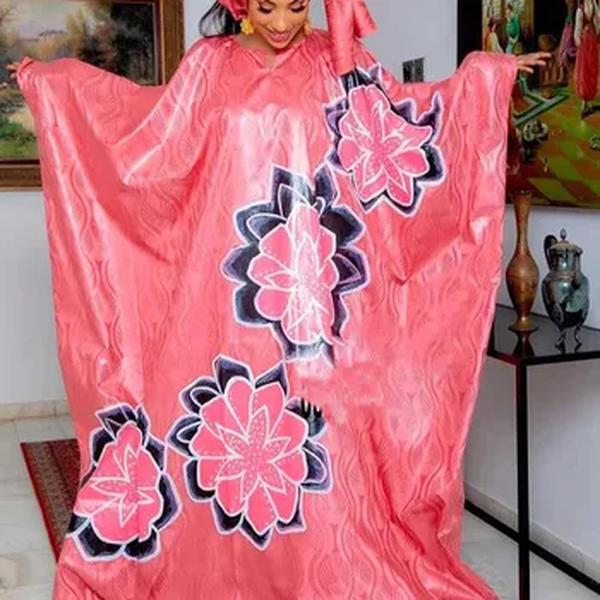 Bazin-vestido africano longo, elegante, rosa, com lenço na cabeça, perfeito para uso diário, encontros e festas, 2024