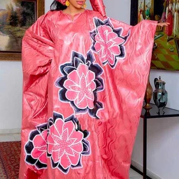 Bazin-vestido africano longo, elegante, rosa, com lenço na cabeça, perfeito para uso diário, encontros e festas, 2024