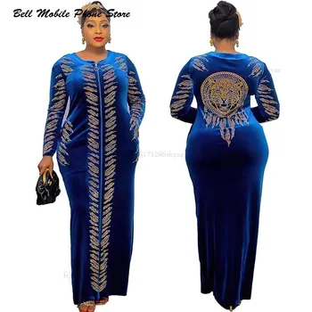 Vestido maxi de veludo para mulheres, roupas africanas, robe, roupas africanas, lantejoulas, gola O, manga curta, plus size, 4x