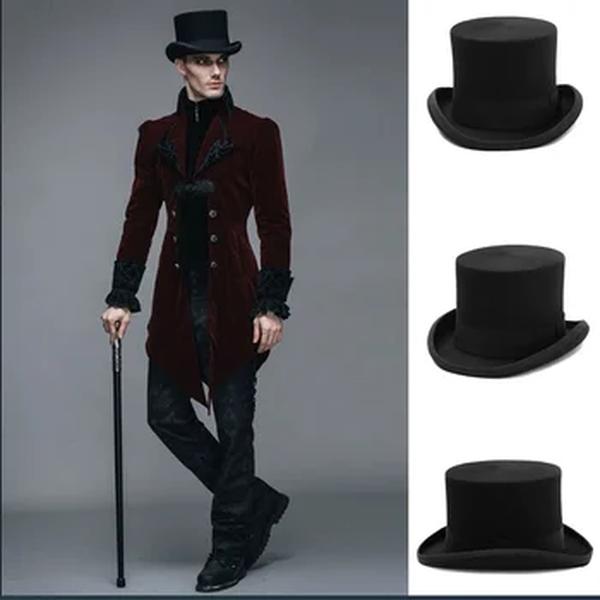 Homens Fedoras Lã Magia Chapéu alto, Britânico Preto Top Jazz, Masculino Corte Cavalheiro Chapéu de feltro liso, Webbing Sombrero De Copa, Britânico