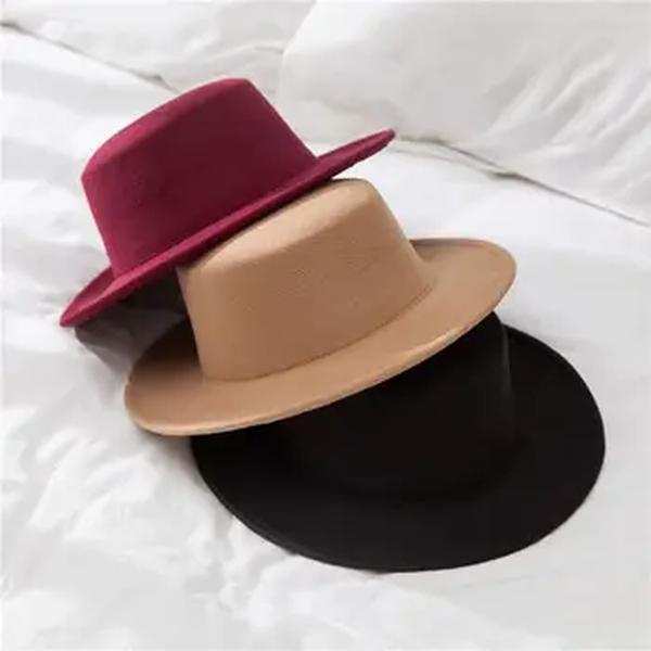 Mulheres Imitação de Lã Fedoras Flat Top, Boné de Jazz, Elegante, Inglesa, Aba Larga, Bonés Femininos, Chapéus-coco, Monocromático