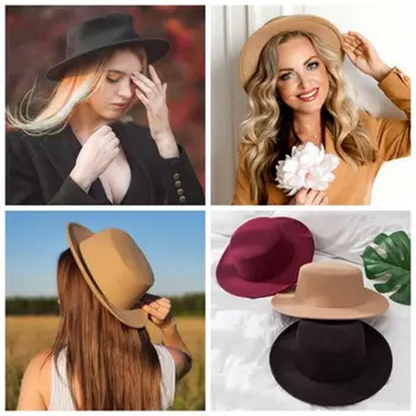 Mulheres Imitação de Lã Fedoras Flat Top, Boné de Jazz, Elegante, Inglesa, Aba Larga, Bonés Femininos, Chapéus-coco, Monocromático