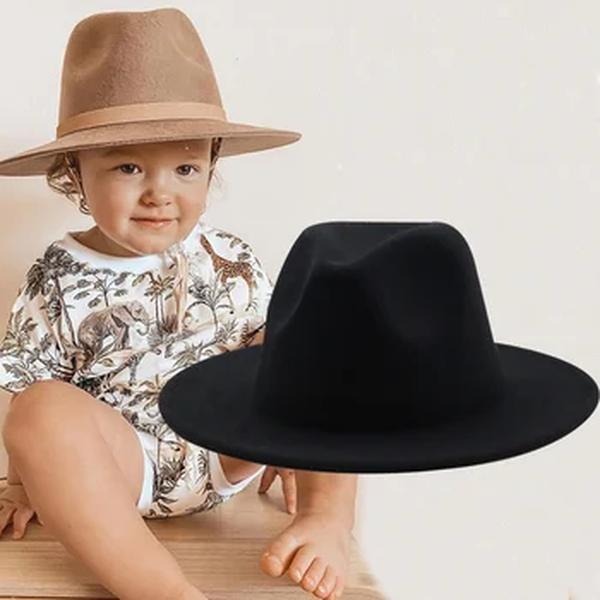 Boné Fedoras clássico monocromático estilo britânico para meninos e meninas, aba larga grande, chapéu panamá para crianças, grande, preto, novo, 52-54cm, inverno