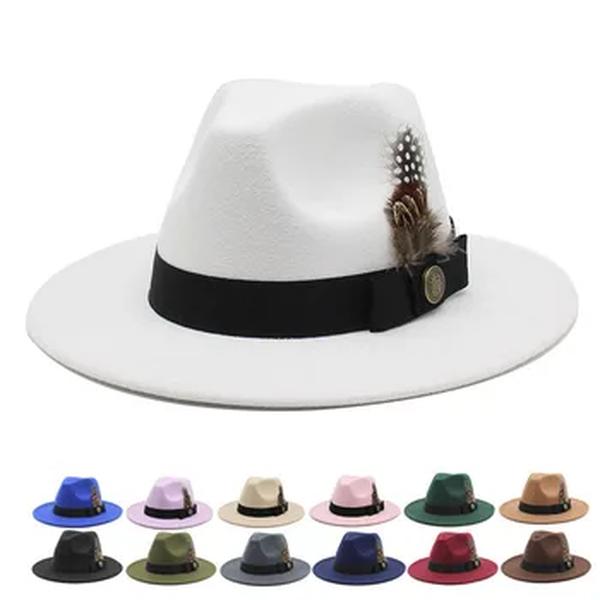 Chapéus Fedora de Lã Branca para Homens e Mulheres, Chapéu Panamá de Feltro, Aba Larga, Clássico, Britânico, Jazz, Tampo de Penas, Festa, Igreja, Casamento, Cavalheiro