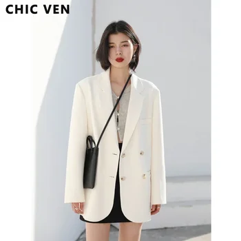 CHIC VEN-Blazer de trespassado duplo de manga comprida feminina, casaco casual de comprimento médio, casacos femininos, blusa elegante, escritório, 2021