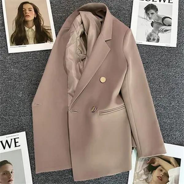 Blazer chique de seios duplos para mulheres, casaco solto, manga comprida, lapela vintage, jaquetas casuais finas, senhoras do escritório, outono e primavera