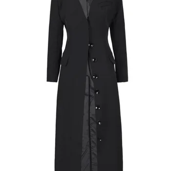 EAM-Blazer longo de botão preto para mulheres, decote em v, manga comprida, jaqueta solta, maré da moda, elegante, novo, primavera, outono, 2024, 7AB1239