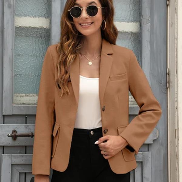 Blazer de peito único feminino com bolsos, casaco de manga longa, blusa elegante, jaqueta justa, monocromática, outwear senhora do escritório, moda simples