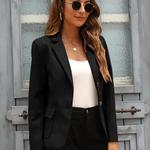 Blazer de peito único feminino com bolsos, casaco de manga longa, blusa elegante, jaqueta justa, monocromática, outwear senhora do escritório, moda simples