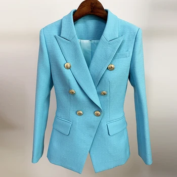 Blazer feminino clássico com botões de leão, blazer texturizado, trespassado duplo, encaixe fino, High Street, estilista de passarelas, mais novo, 2022