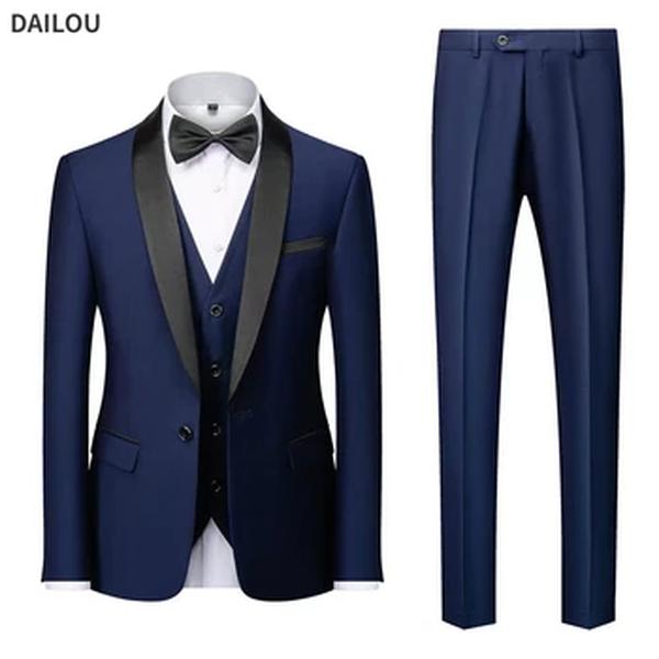 Terno de casamento luxuoso masculino, blazers de alta qualidade, jaqueta gola xale, calça, colete, casaco formal, vestido magro, conjunto elegante de blazers, 3 peças