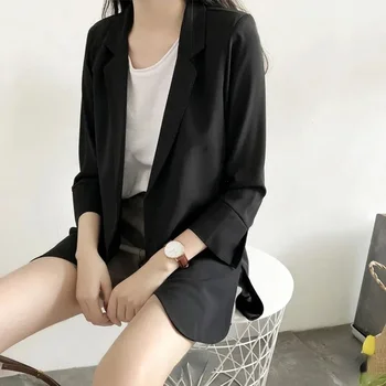 Blazers finos de proteção solar para mulheres, mangas 3/4, casacos OL finos, tops femininos, terno feminino, primavera, verão, preto, 2024