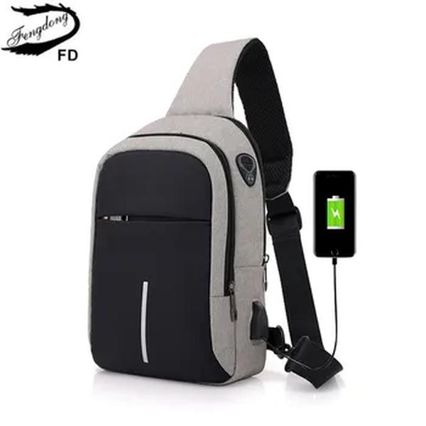 Fengdong-Saco de ombro pequeno USB para homens, sacos do mensageiro, saco impermeável masculino do peito do estilingue, Bagpack do curso, sacos transversais do corpo, menino