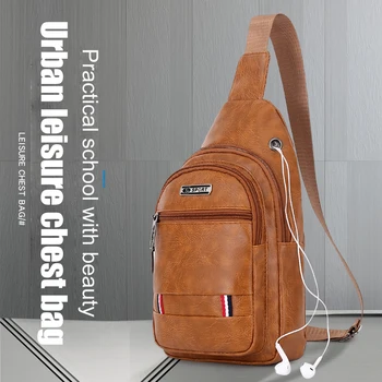 Bolsa masculina crossbody de couro PU, multifunções, carregamento USB, bolsa de ombro de viagem, mochila antifurto masculina com furo de fone de ouvido