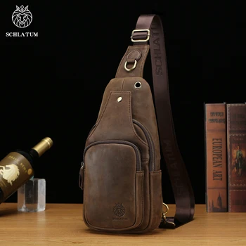 SCHLATUM-Bolsa de Peito de Couro Genuíno Masculina, Mochila de Ombro, Bolsa Multifuncional Casual, Triangular, Design Crossbody, 100%