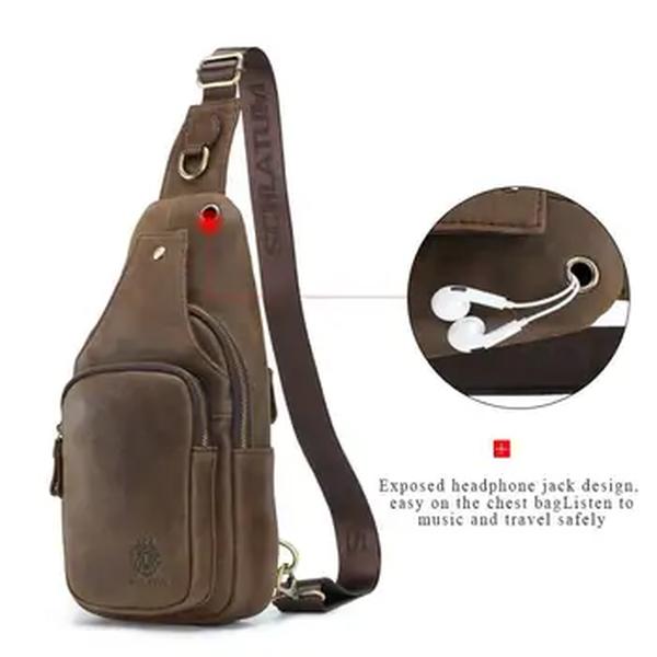 SCHLATUM-Bolsa de Peito de Couro Genuíno Masculina, Mochila de Ombro, Bolsa Multifuncional Casual, Triangular, Design Crossbody, 100%