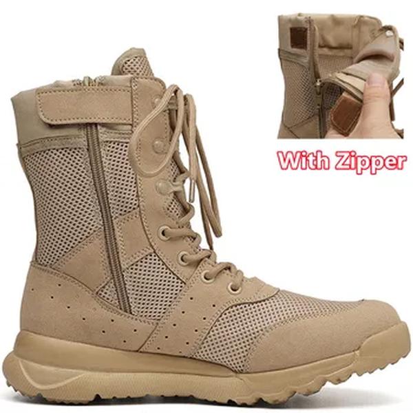 Botas táticas militares masculinas e femininas de combate ao ar livre, sapatos de malha respirável, com zíper lateral leve, apto para caminhadas, escalada, tamanho 35-48, verão