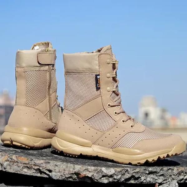 Botas táticas militares masculinas e femininas de combate ao ar livre, sapatos de malha respirável, com zíper lateral leve, apto para caminhadas, escalada, tamanho 35-48, verão