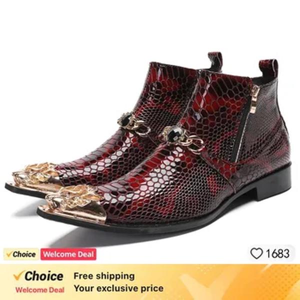 Red Snakeskin Pattern Combat Boots para homens, botas militares, sapatos de aço Toe Work, Side Zip Chelsea Boots, para venda