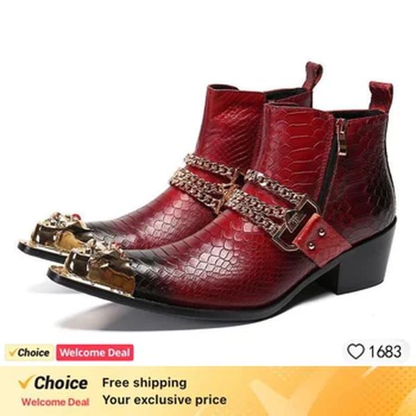 Red Snakeskin Pattern Combat Boots para homens, botas militares, sapatos de aço Toe Work, Side Zip Chelsea Boots, para venda