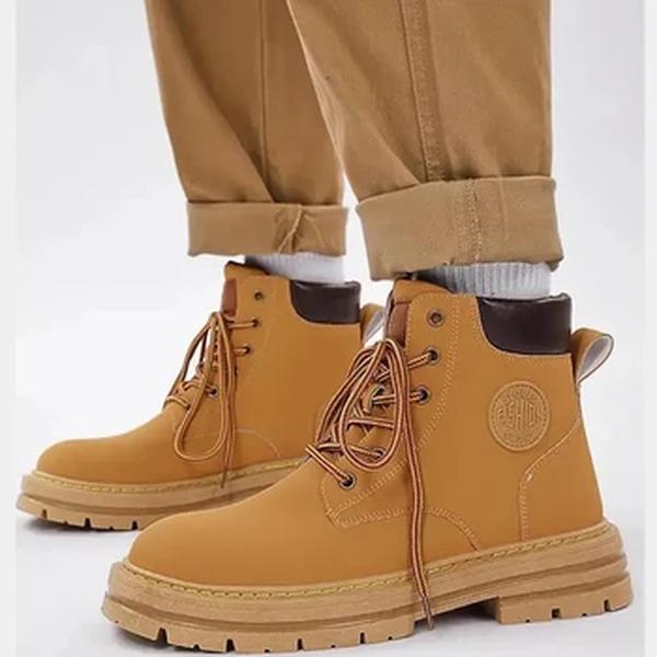 Sapatos retrô de trabalho masculino, fundo grosso, top alto, antiderrapante, botas casuais quentes, com cordões de couro, botas de ferramental para cabeça grande, outono, inverno, 2023