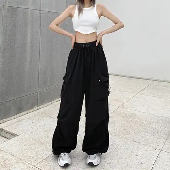 Calça Feminina Casual Tech, Calça Sólida de Cintura Baixa, Cordão, Calças Perna Larga Baggy, Y2K Streetwear, Moletom Oversize, Corredores, 2023