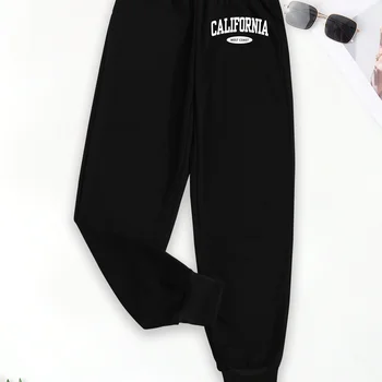 Calça esportiva de cintura alta estampada letra casual, calça diária feminina, roupas com cordão