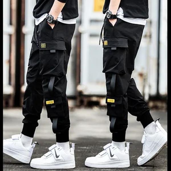 Masculino Casual Hip Hop Calças Cargo, Hit Color, Calças Bolsos Múltiplos, Streetwear, Fitas Techwear, Moletom