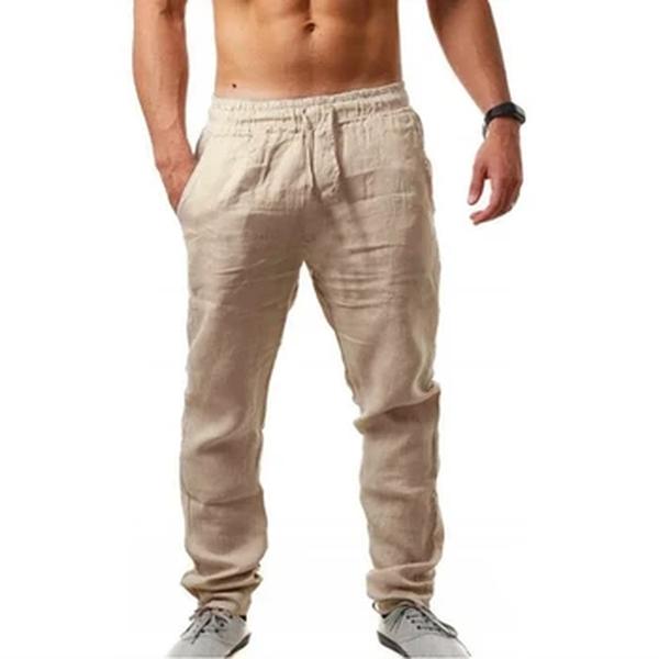 Calça comprida de linho de algodão masculina, monocromática, respirável, masculina, elástico na cintura, Harajuku, moda, verão