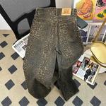 Calça feminina casual de cintura alta, jeans estampado leopardo, calça americana de rua alta, estilo Harajuku, retrô, na moda, Y2K, primavera