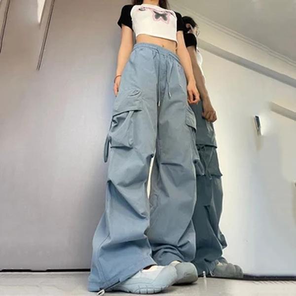 Calça de moletom larga de cintura alta feminina, calça cargo Y2K, streetwear feminina, bolsos grandes, calça casual com cordão de cintura baixa