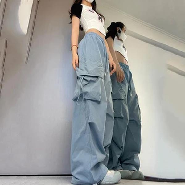 Calça de moletom larga de cintura alta feminina, calça cargo Y2K, streetwear feminina, bolsos grandes, calça casual com cordão de cintura baixa