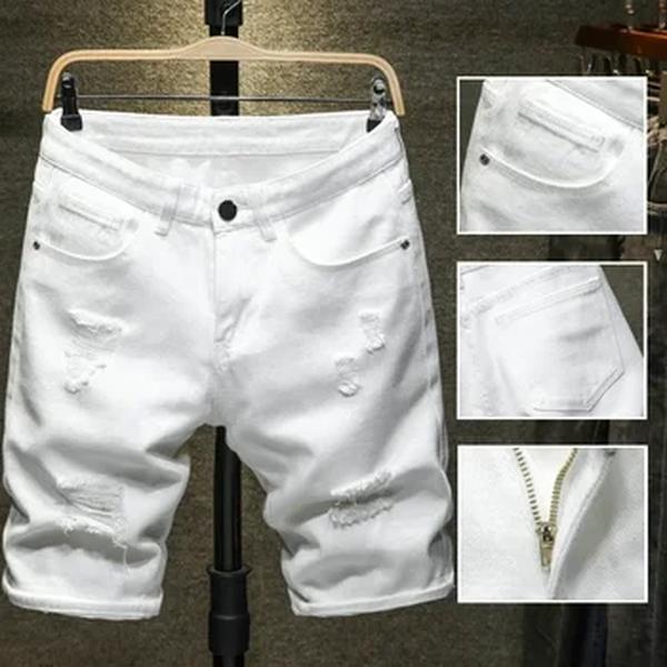 Shorts jeans masculinos rasgados na altura do joelho, jeans casual com furo, calças curtas masculinas finas, moda streetwear, branco, novo, 2024