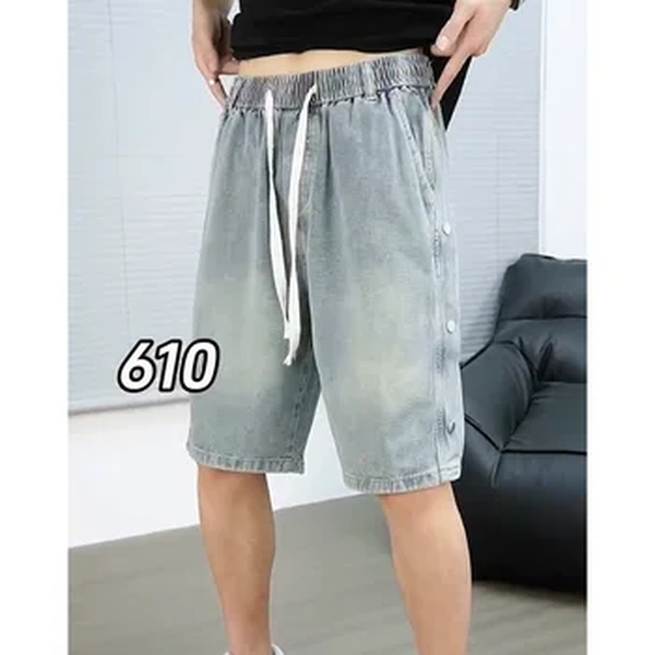 Shorts jeans soltos de costura masculino, jeans de perna reta, perna larga, elástico na cintura, streetwear coreano, elegante, novo, verão, 2024