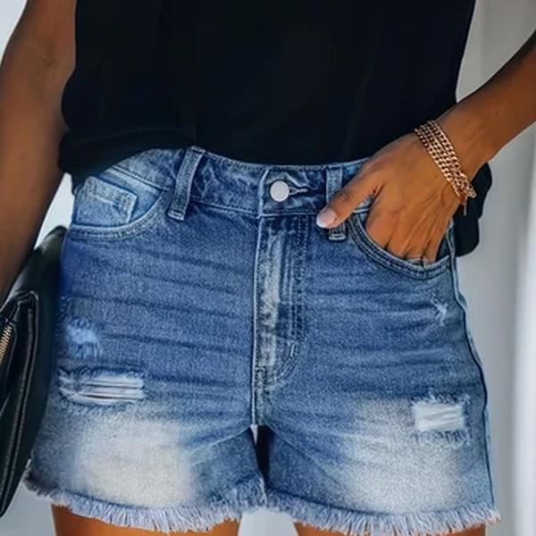 Bainha desfiada azul, shorts jeans, buracos rasgados, bolsos de barra, calça curta, jeans feminino e roupas