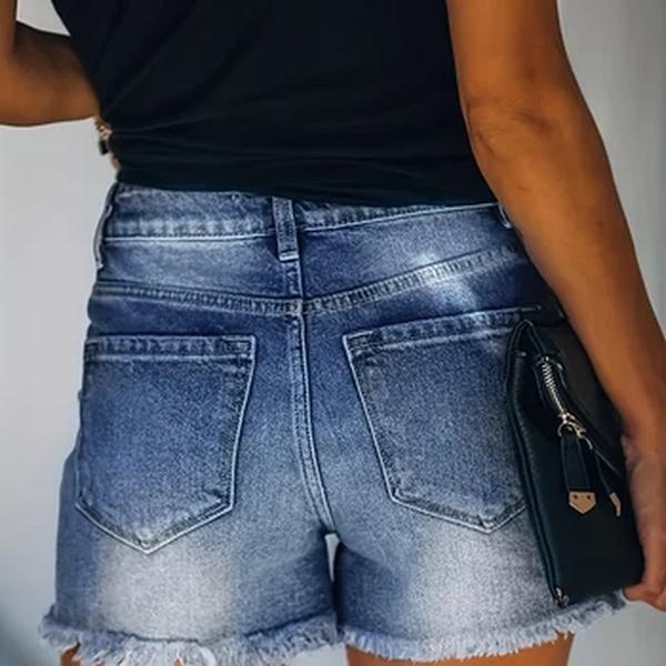 Bainha desfiada azul, shorts jeans, buracos rasgados, bolsos de barra, calça curta, jeans feminino e roupas