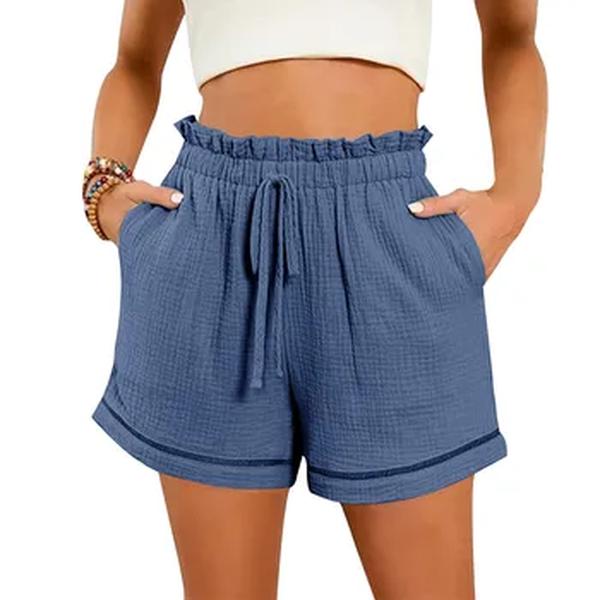 Shorts de linho algodão feminino, pregas de camada dupla, bainha perna reta calça casual, shorts soltos esportivos de cintura alta, calça versátil