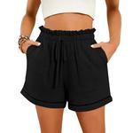 Shorts de linho algodão feminino, pregas de camada dupla, bainha perna reta calça casual, shorts soltos esportivos de cintura alta, calça versátil