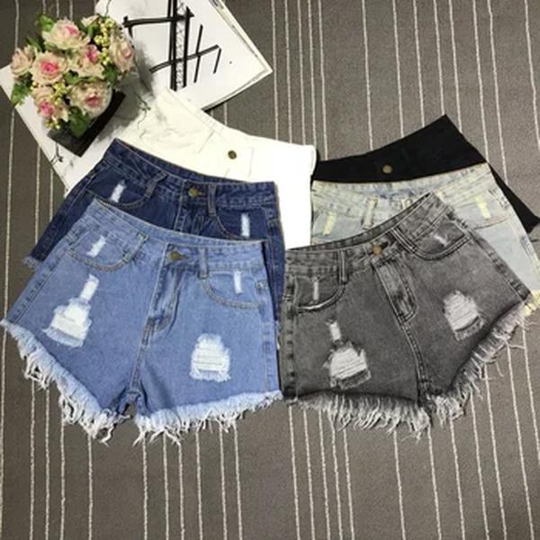 Borla de cintura alta feminina, shorts jeans quebrados, versão coreana, borda crua, perna larga, solta, tamanho grande, verão, novo