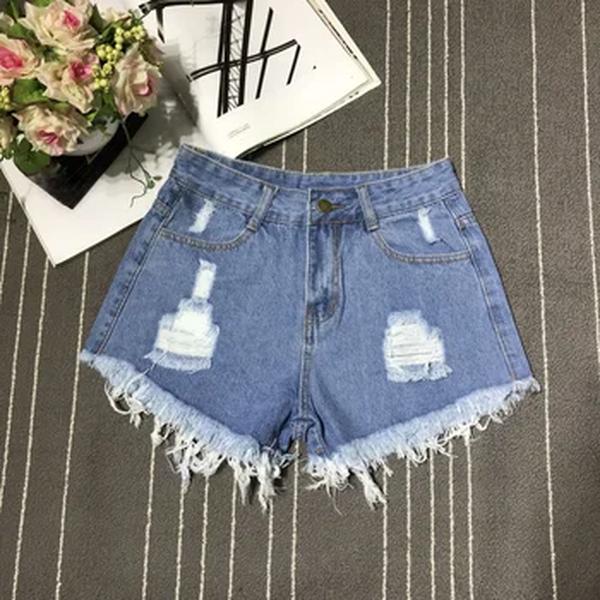 Borla de cintura alta feminina, shorts jeans quebrados, versão coreana, borda crua, perna larga, solta, tamanho grande, verão, novo