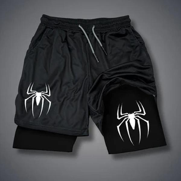 Calções de ginástica com estampa aranha masculina, calça curta esportiva 2 em 1, calção de compressão esportiva casual, malha corrida, novo desempenho