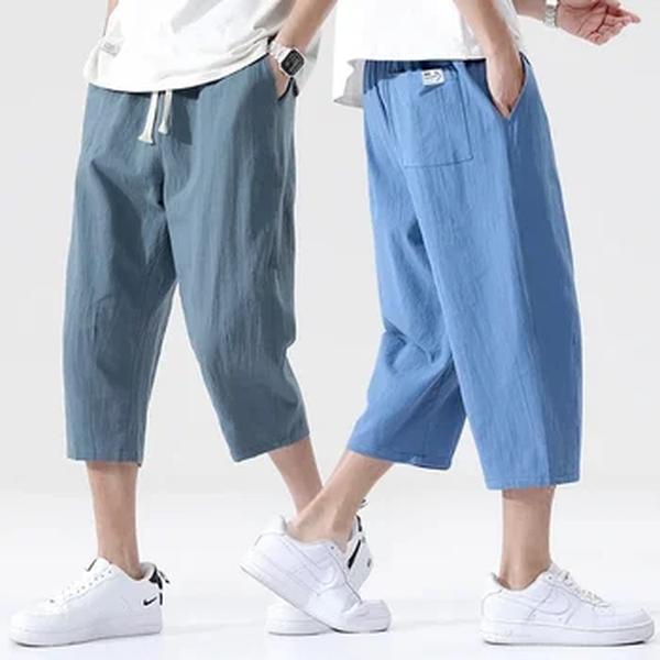 Calça casual masculina de verão, algodão selvagem e linho, calça solta de linho, tendência estilo coreano, calça reta de nove pontos