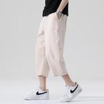 Calça casual masculina de verão, algodão selvagem e linho, calça solta de linho, tendência estilo coreano, calça reta de nove pontos