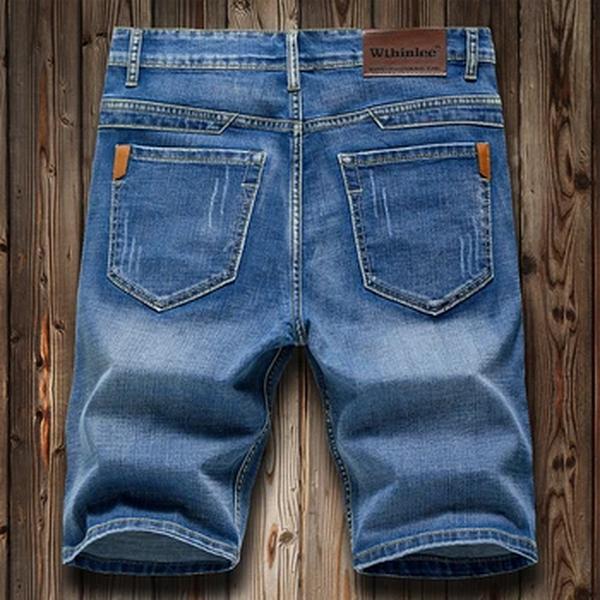 Shorts jeans stretch masculino, jeans justo e reto, azul escuro, design de moda, jeans curto masculino, verão