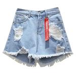 Shorts jeans de cintura alta feminino, rasgado, elástico, desfiado, bainha crua, azul, jeans