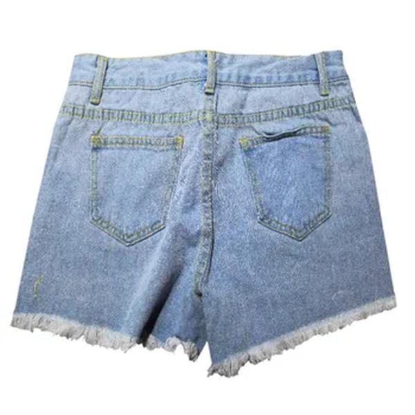 Shorts jeans de cintura alta feminino, rasgado, elástico, desfiado, bainha crua, azul, jeans