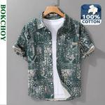 Vintage masculino estampado camisas de manga curta, puro algodão, streetwear fino, macio, roupas de verão, novo, FY542, 2024